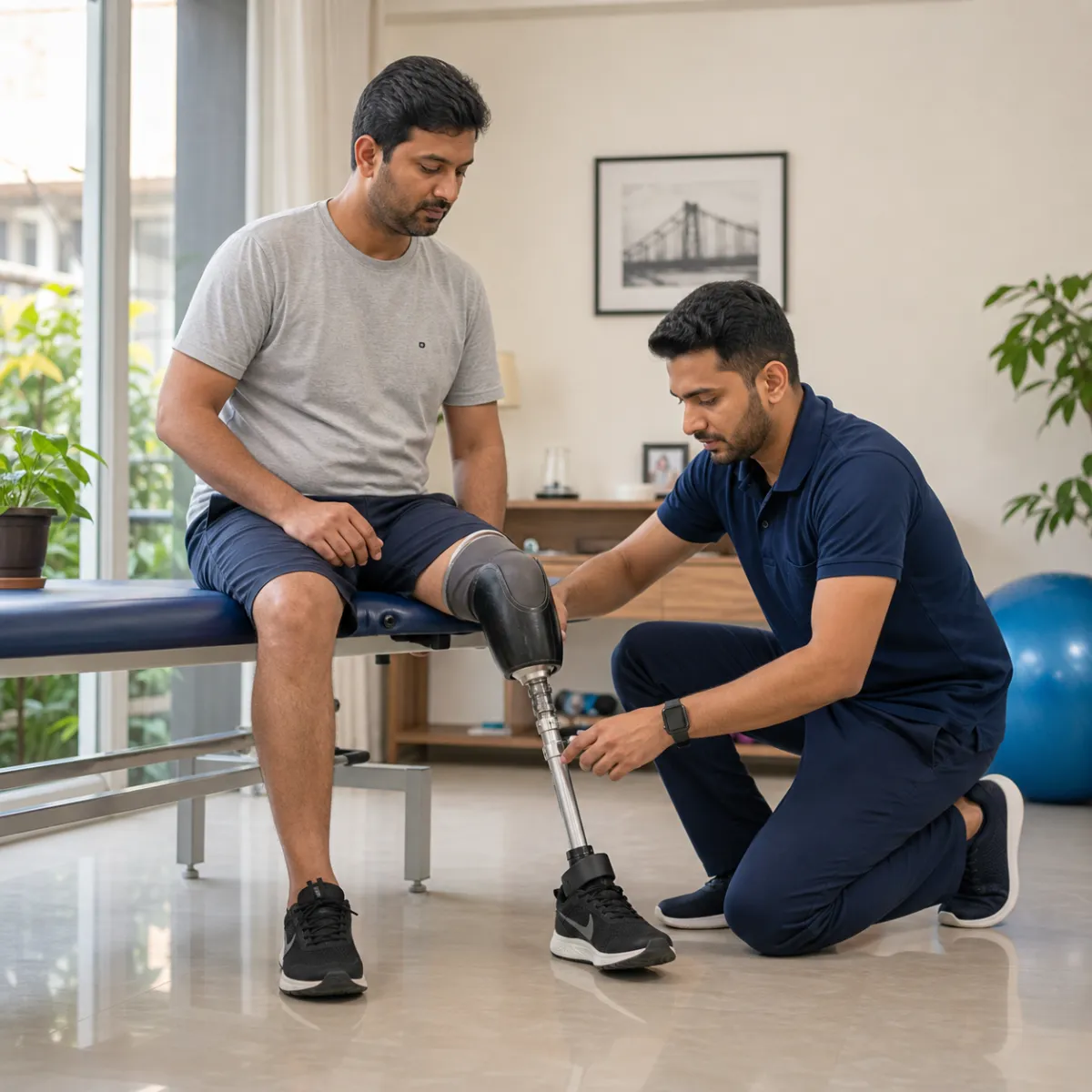 Physiotherapist assessing symptoms and functional limitations relevant to Orthotic and Prosthetic Support in Bartala