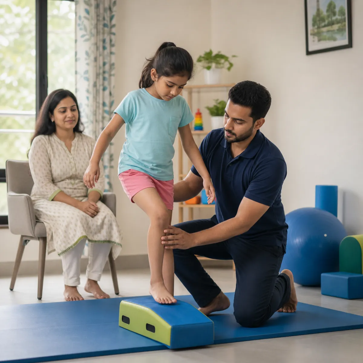 Physiotherapist assessing symptoms and functional limitations relevant to Paediatric Rehabilitation in Bartala