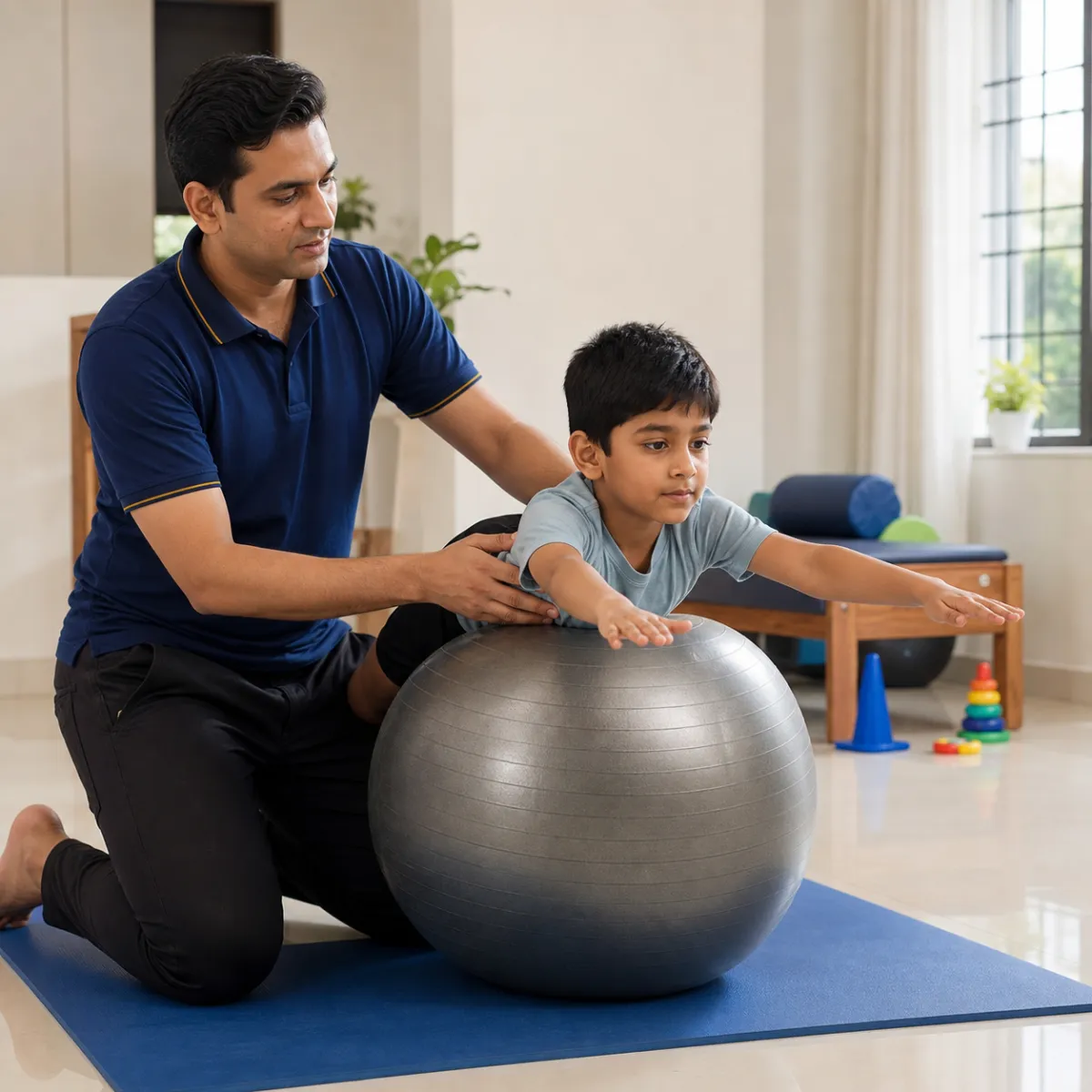 Physiotherapist guiding a structured Paediatric Rehabilitation treatment session in Bartala