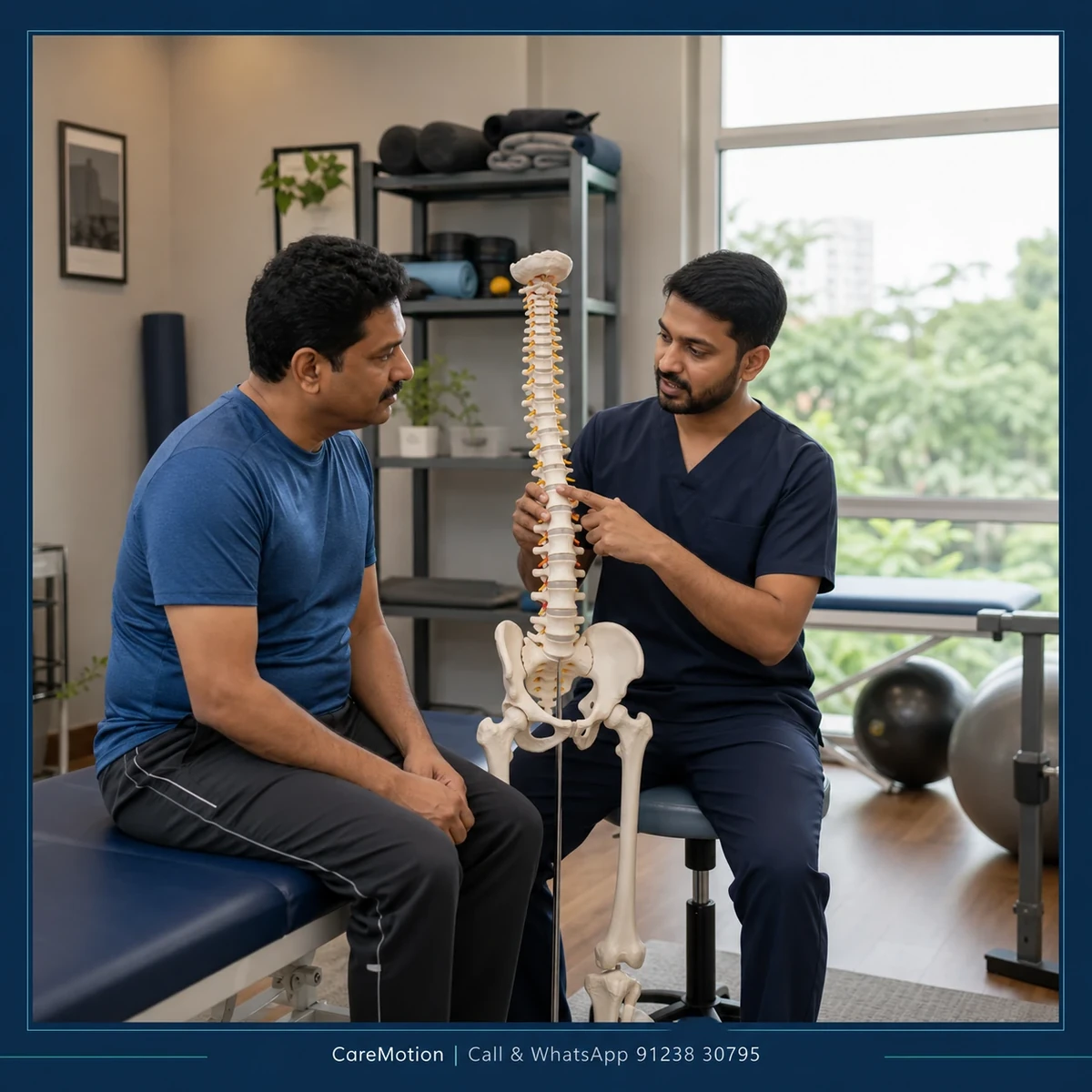 Physiotherapist providing hands-on pain management assessment for a patient in Narayanpur