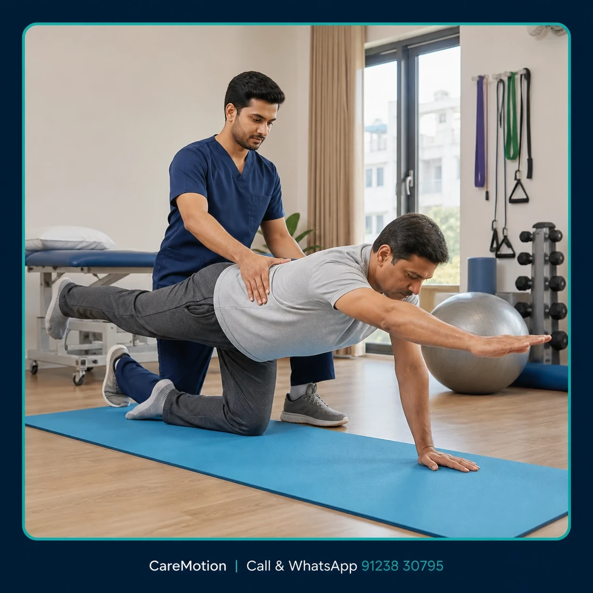 Physiotherapist guiding a structured pain management and rehabilitation session in Narayanpur
