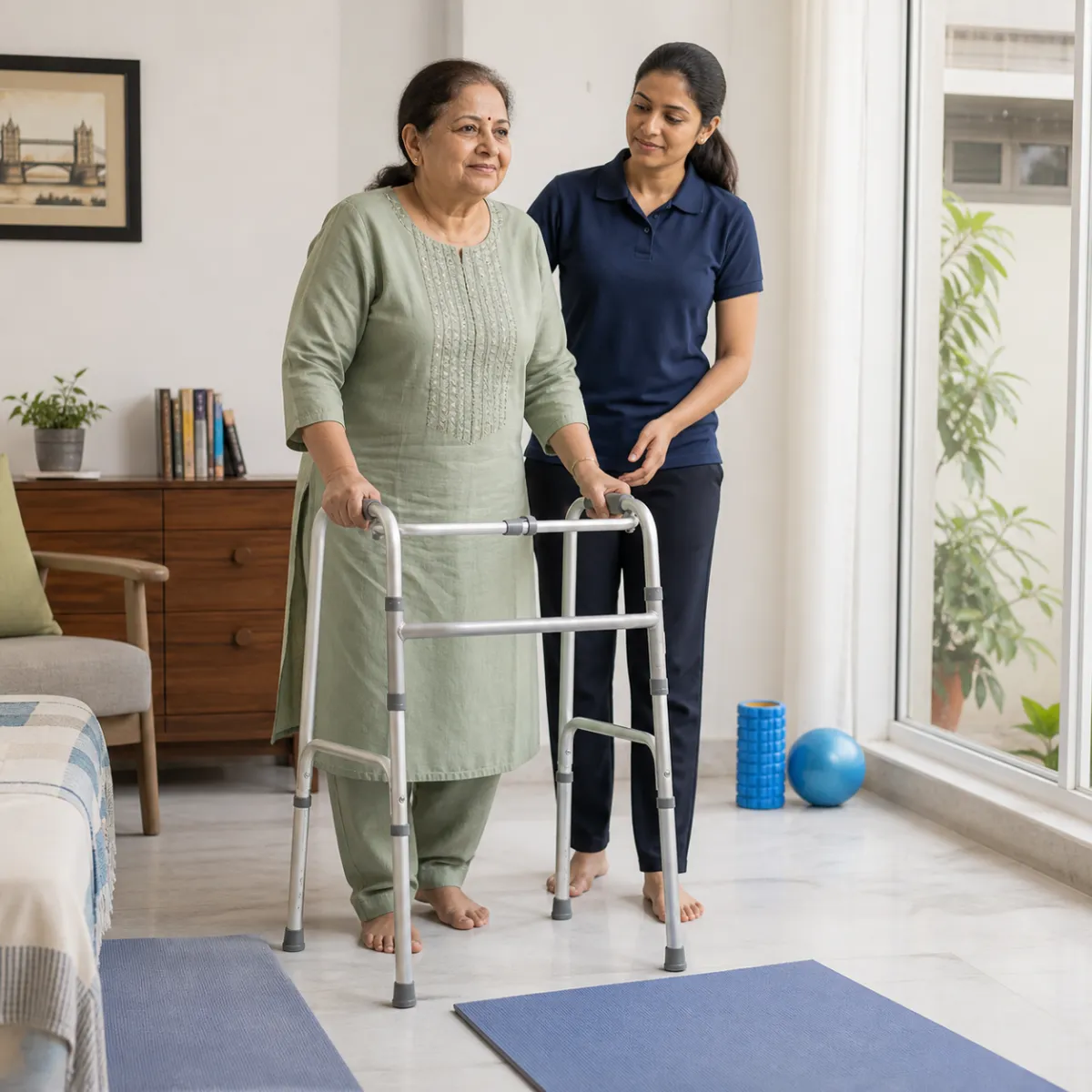 Patient participating in a goal-focused Palliative Physiotherapy session with a physiotherapist in Kazipara