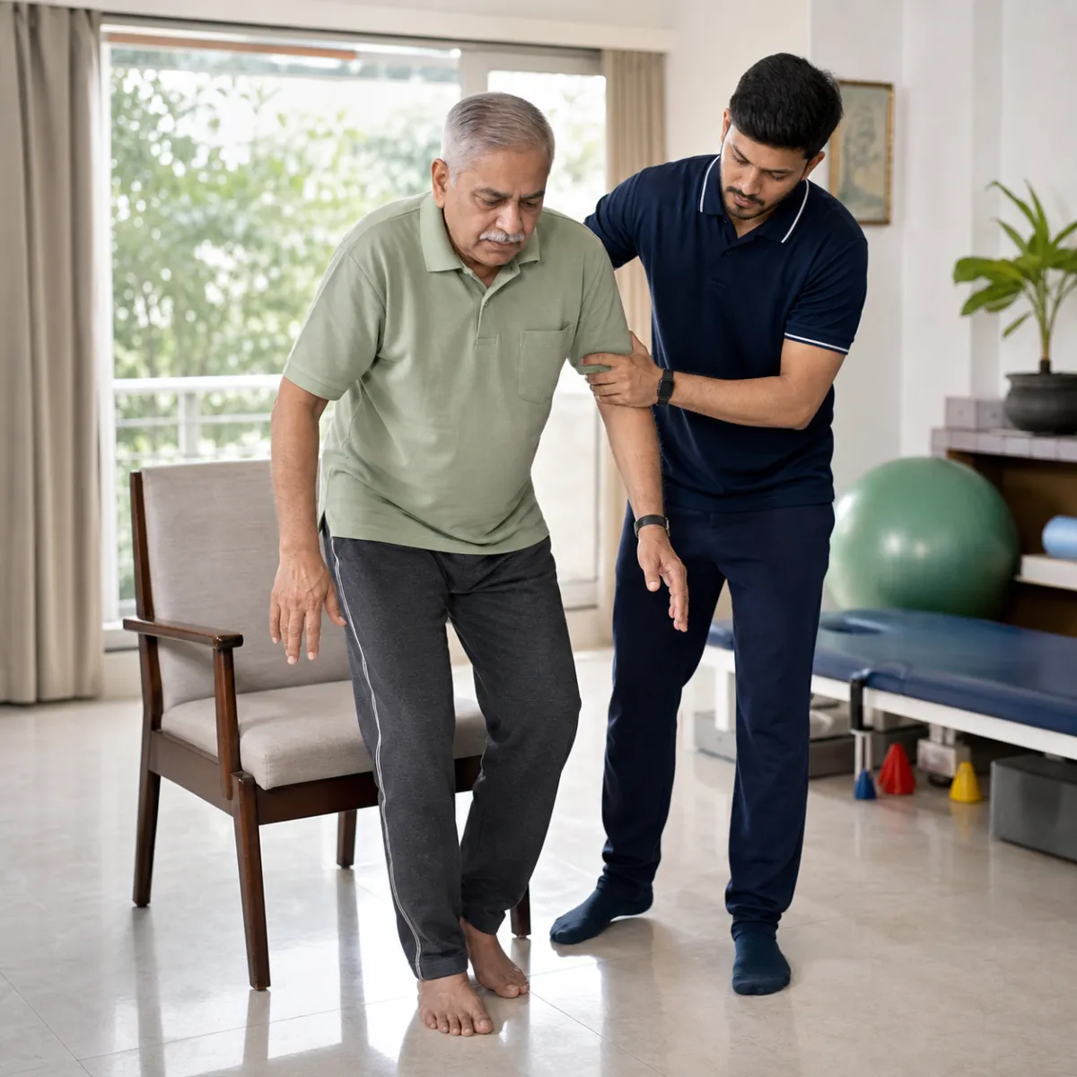 Physiotherapist assessing symptoms and functional limitations relevant to Parkinson's Physiotherapy in Bartala