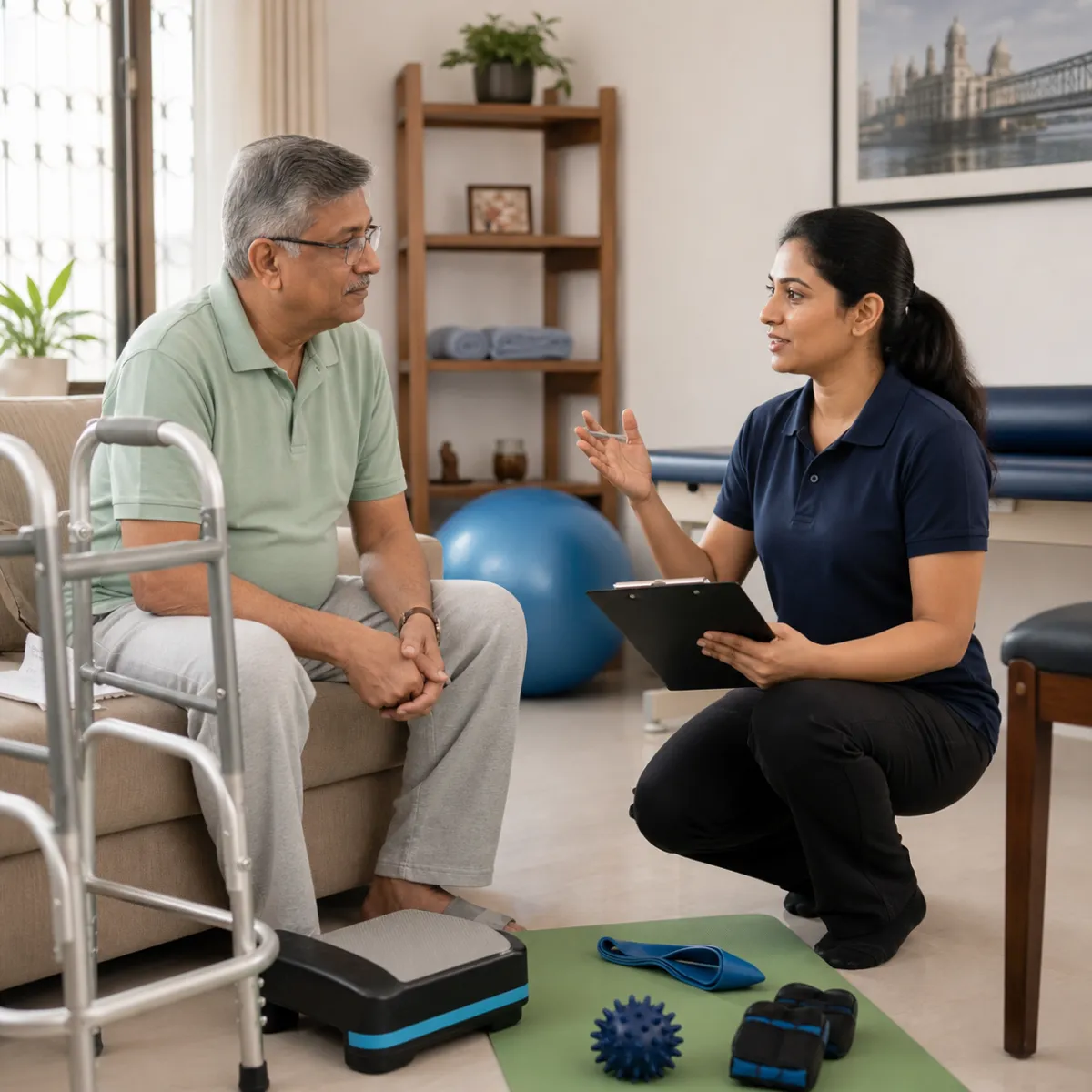 Physiotherapist completing an individualized Parkinson's Physiotherapy assessment in Bartala