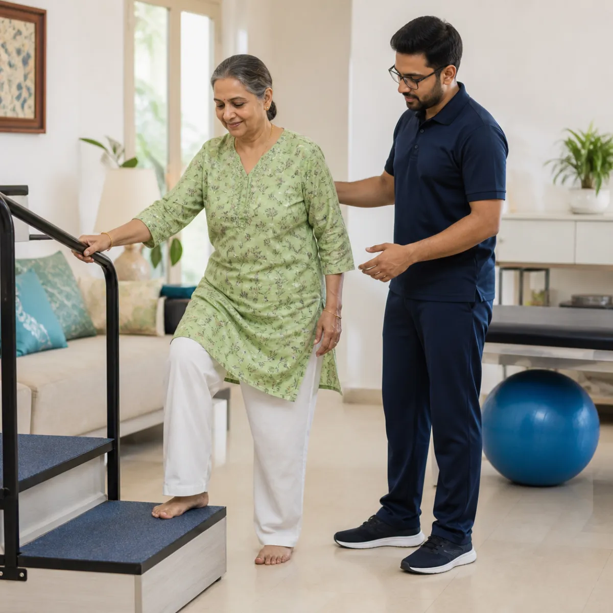 Patient participating in a goal-focused Rheumatoid Arthritis Rehabilitation session with a physiotherapist in Kamdevpur