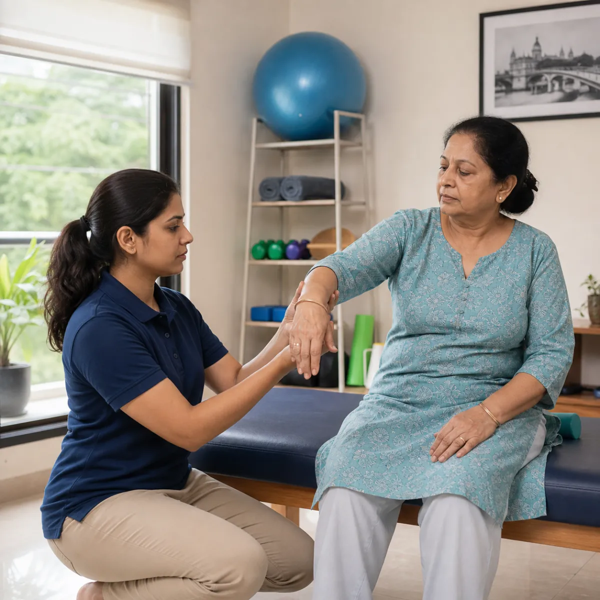 Physiotherapist assessing symptoms and functional limitations relevant to Rheumatoid Arthritis Rehabilitation in Kamdevpur