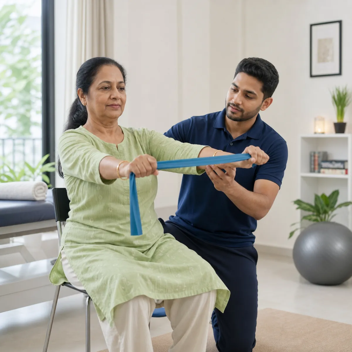 Physiotherapist guiding a structured Rheumatoid Arthritis Rehabilitation treatment session in Kamdevpur