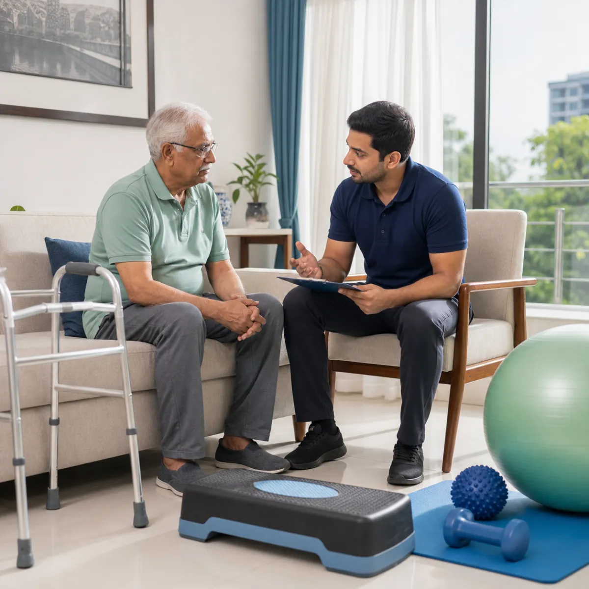 Physiotherapist completing an individualized Senior Health and Mobility Check-Up assessment in Rajarhat Deara