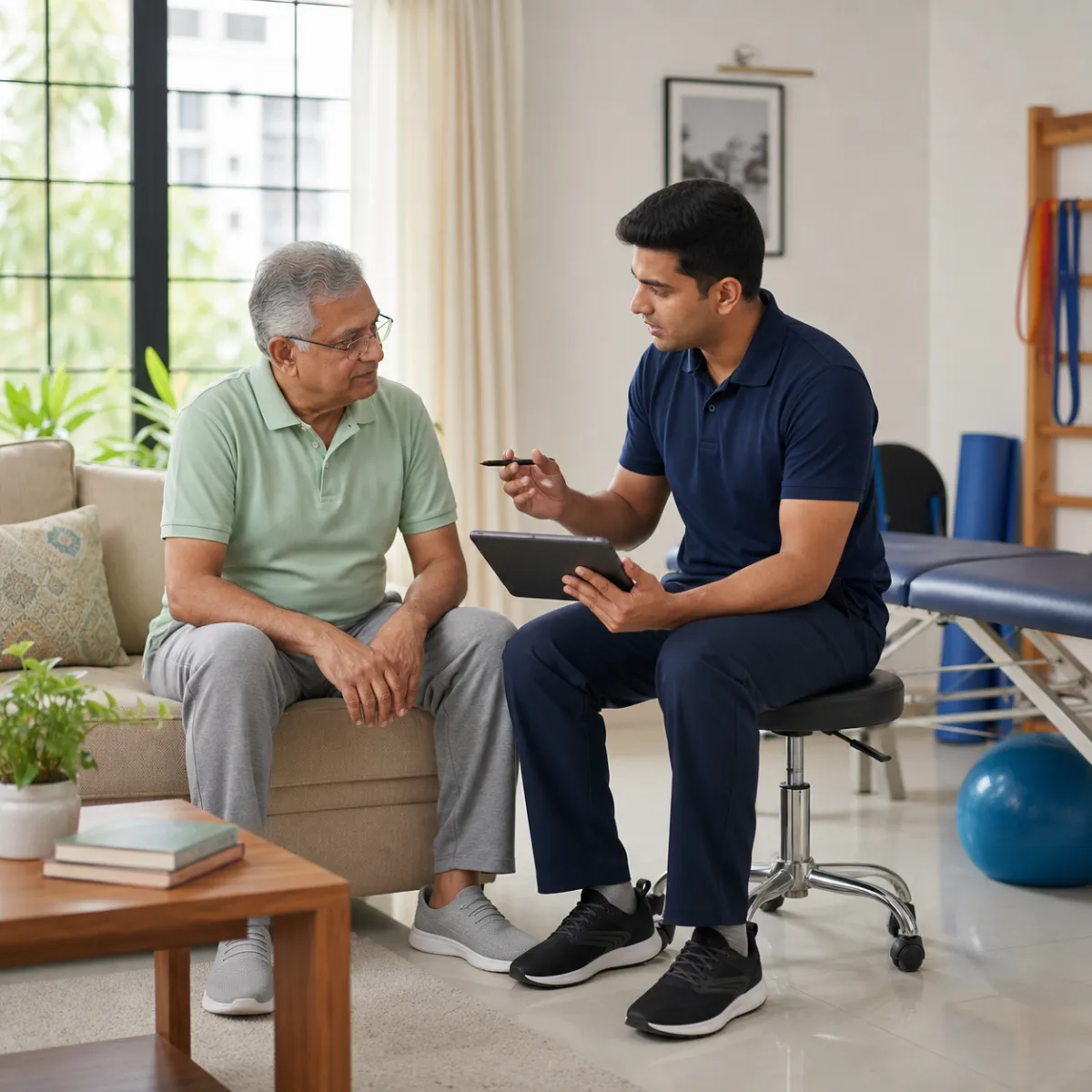 CareMotion physiotherapist delivering a personalized Senior Health and Mobility Check-Up service in Rajarhat Deara