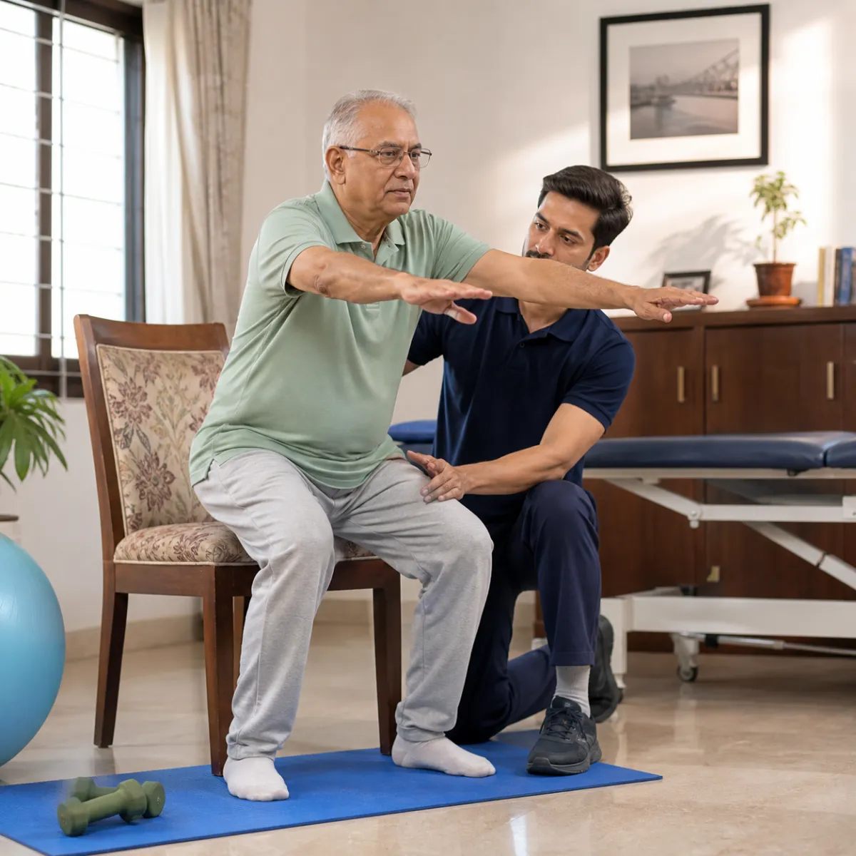 Physiotherapist guiding a structured Senior Health and Mobility Check-Up treatment session in Rajarhat Deara
