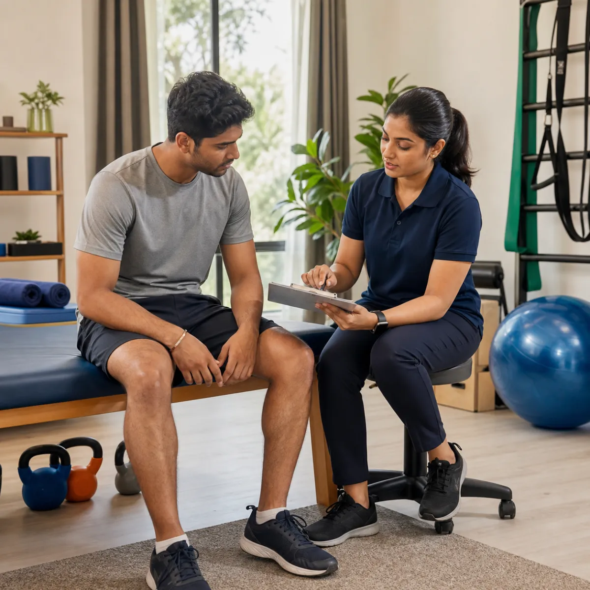 Physiotherapist completing an individualized Sports Physiotherapy assessment in Kamdevpur