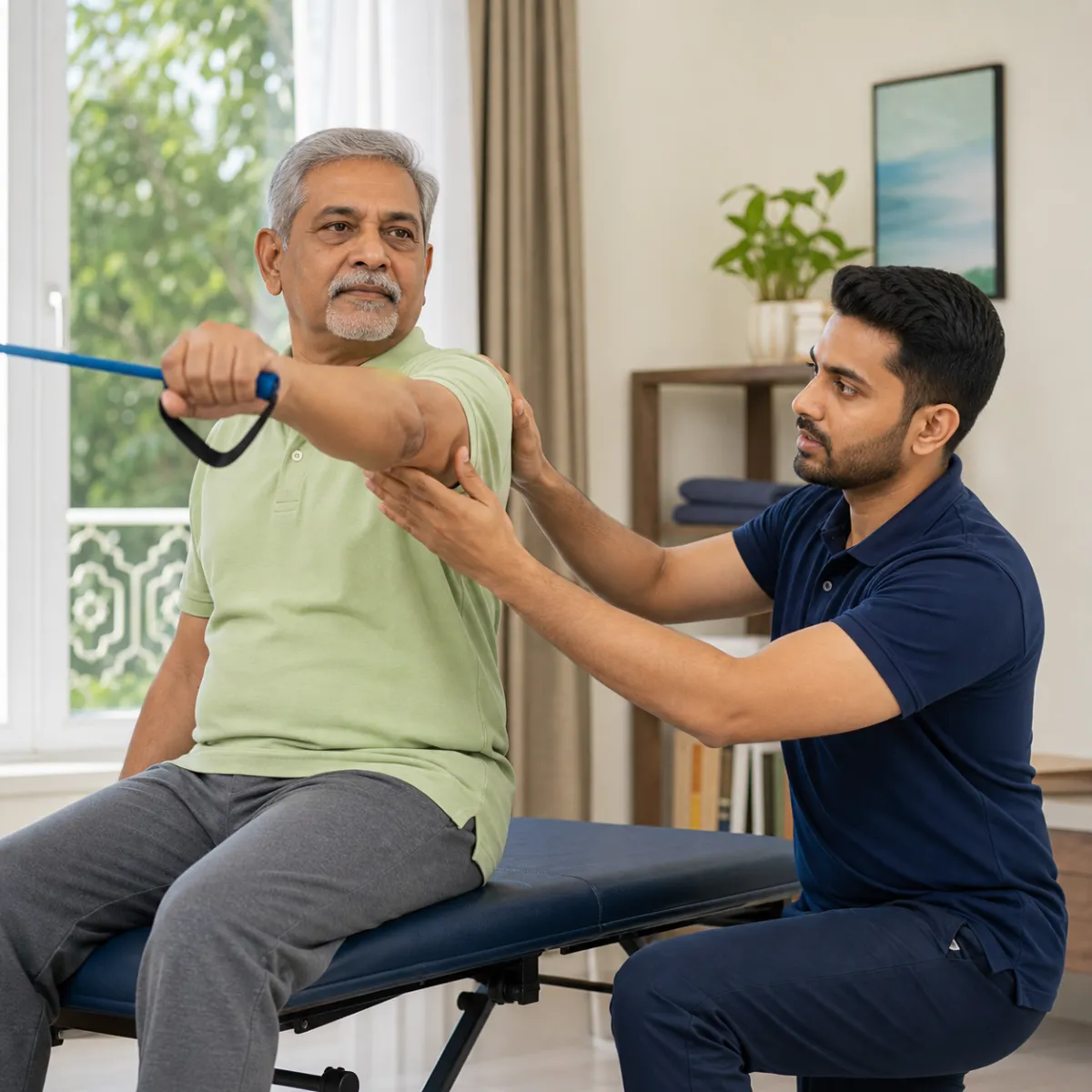 Physiotherapist guiding a structured Stroke Rehabilitation treatment session in Achhipur