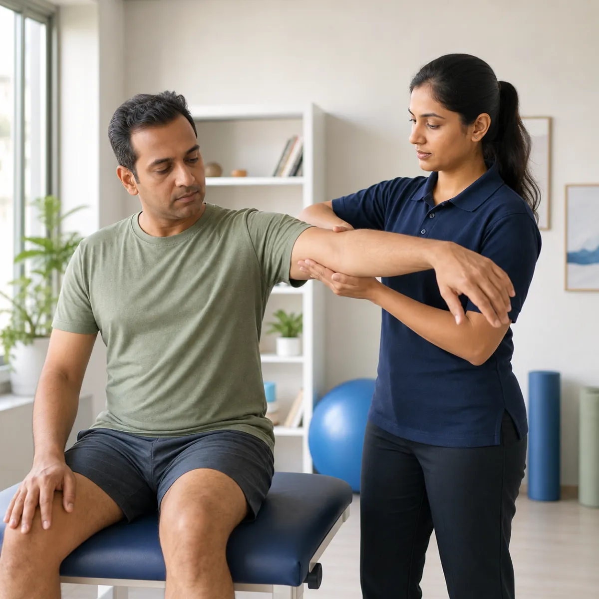 Physiotherapist assessing symptoms and functional limitations relevant to Tendinitis and Bursitis Treatment in Kamdevpur