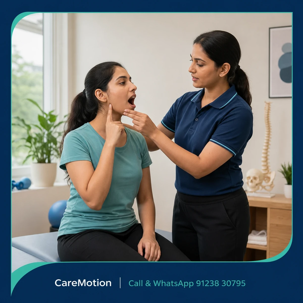Patient performing guided jaw exercises during TMJ Physiotherapy in Action Area Iib