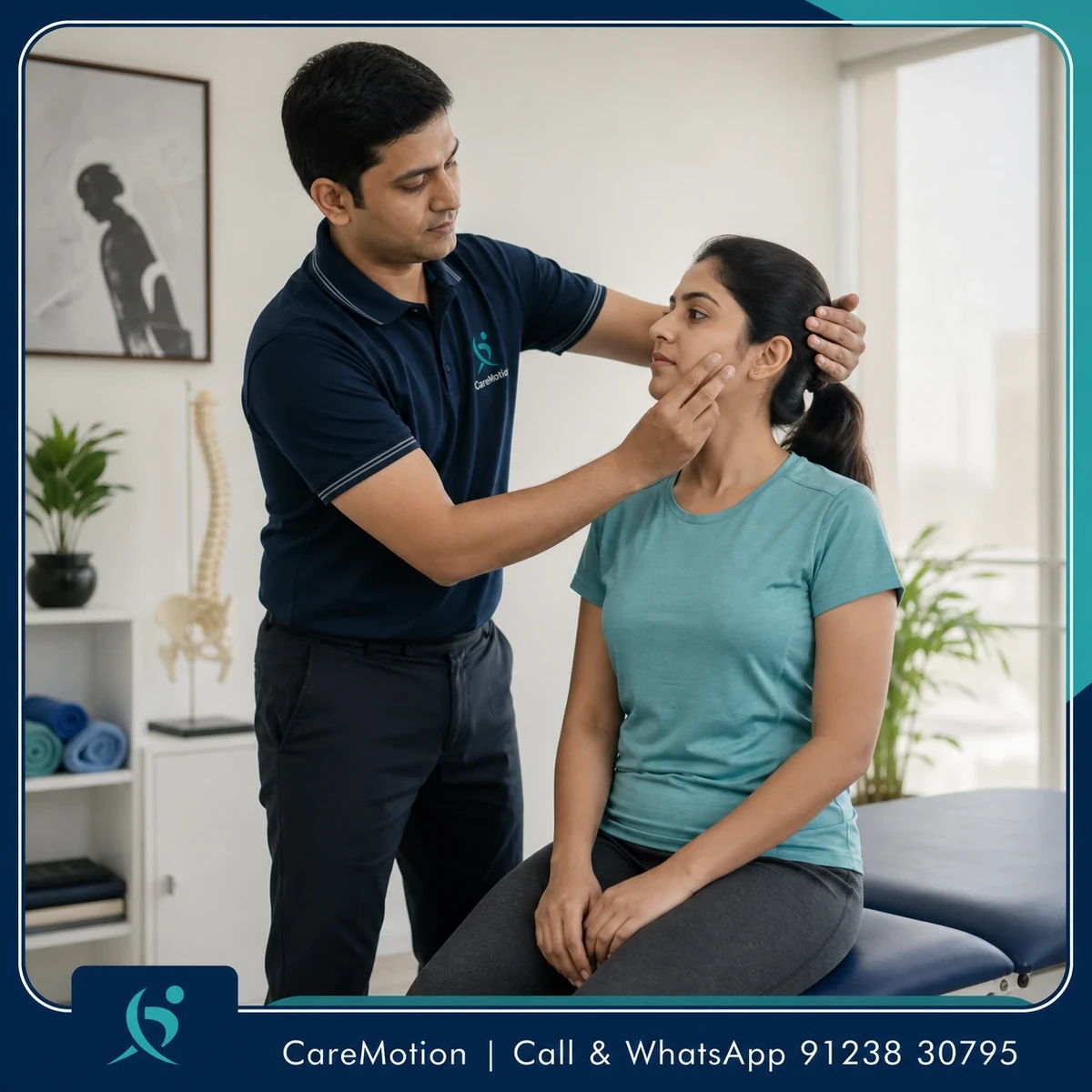 Physiotherapist assessing jaw movement and neck contribution during TMJ Physiotherapy in Action Area Iib