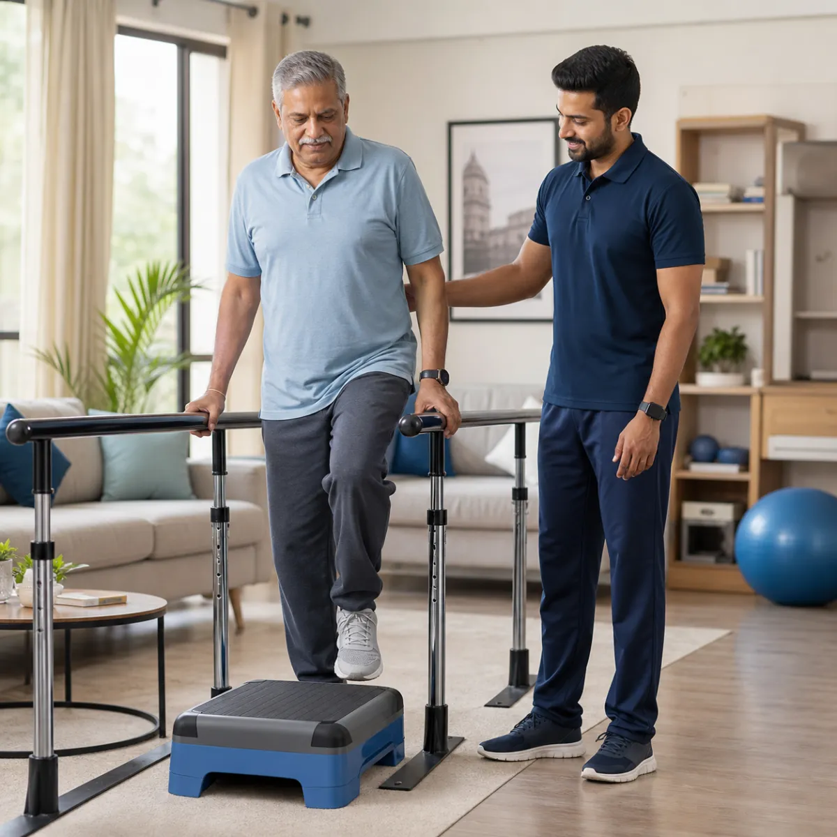 Patient participating in a goal-focused Total Hip Replacement Rehabilitation session with a physiotherapist in Action Area Iib