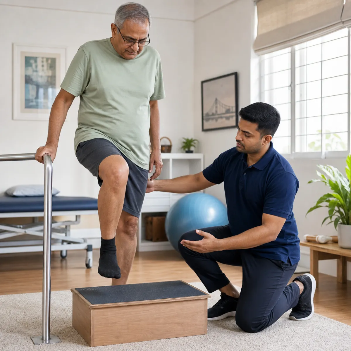 Physiotherapist assessing symptoms and functional limitations relevant to Total Hip Replacement Rehabilitation in Action Area Iib