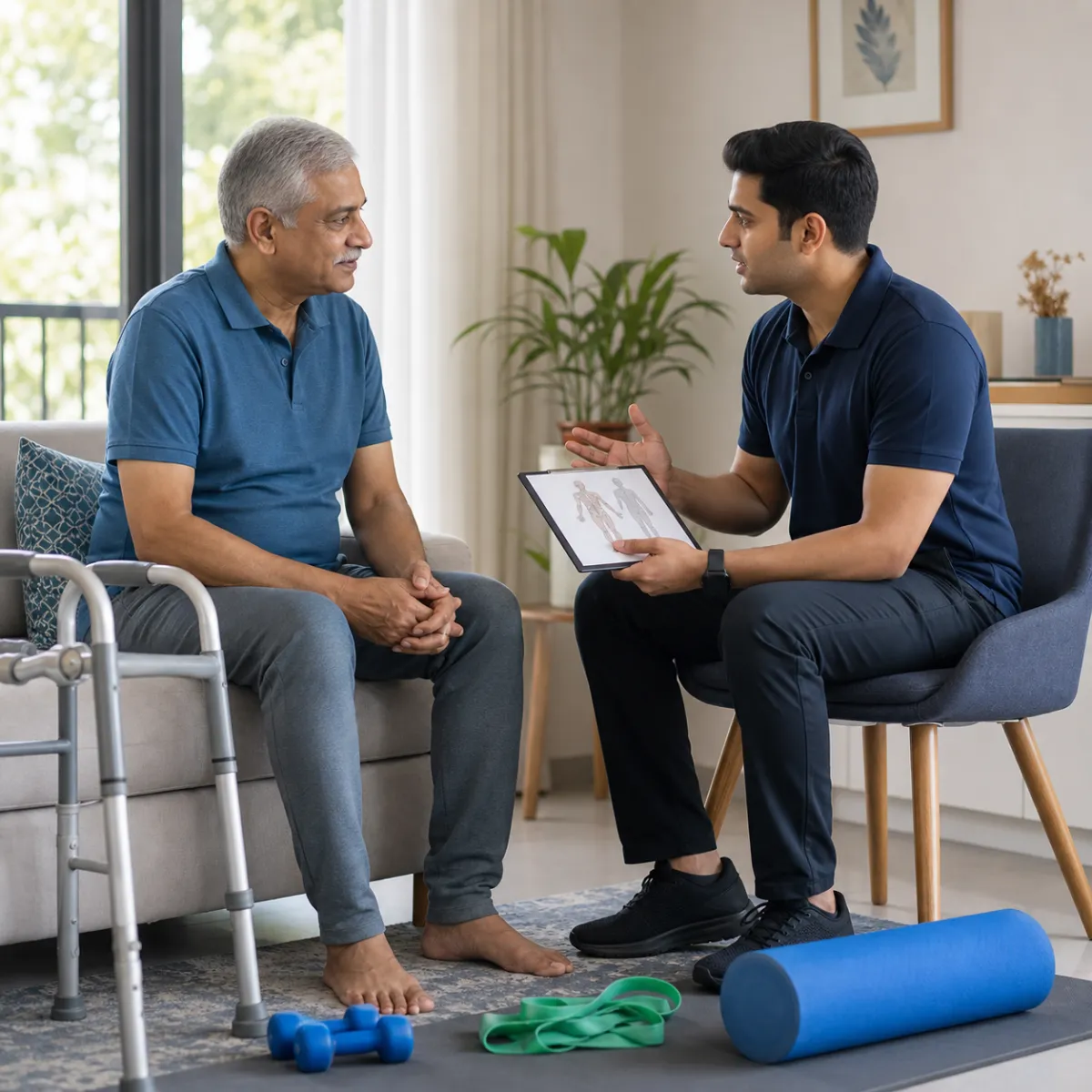 Physiotherapist completing an individualized Total Hip Replacement Rehabilitation assessment in Action Area Iib