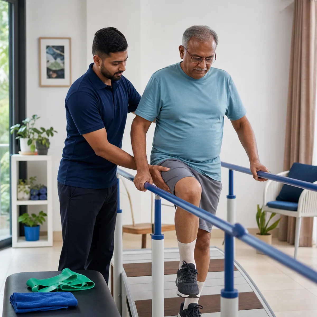 Physiotherapist guiding a structured Total Hip Replacement Rehabilitation treatment session in Action Area Iib