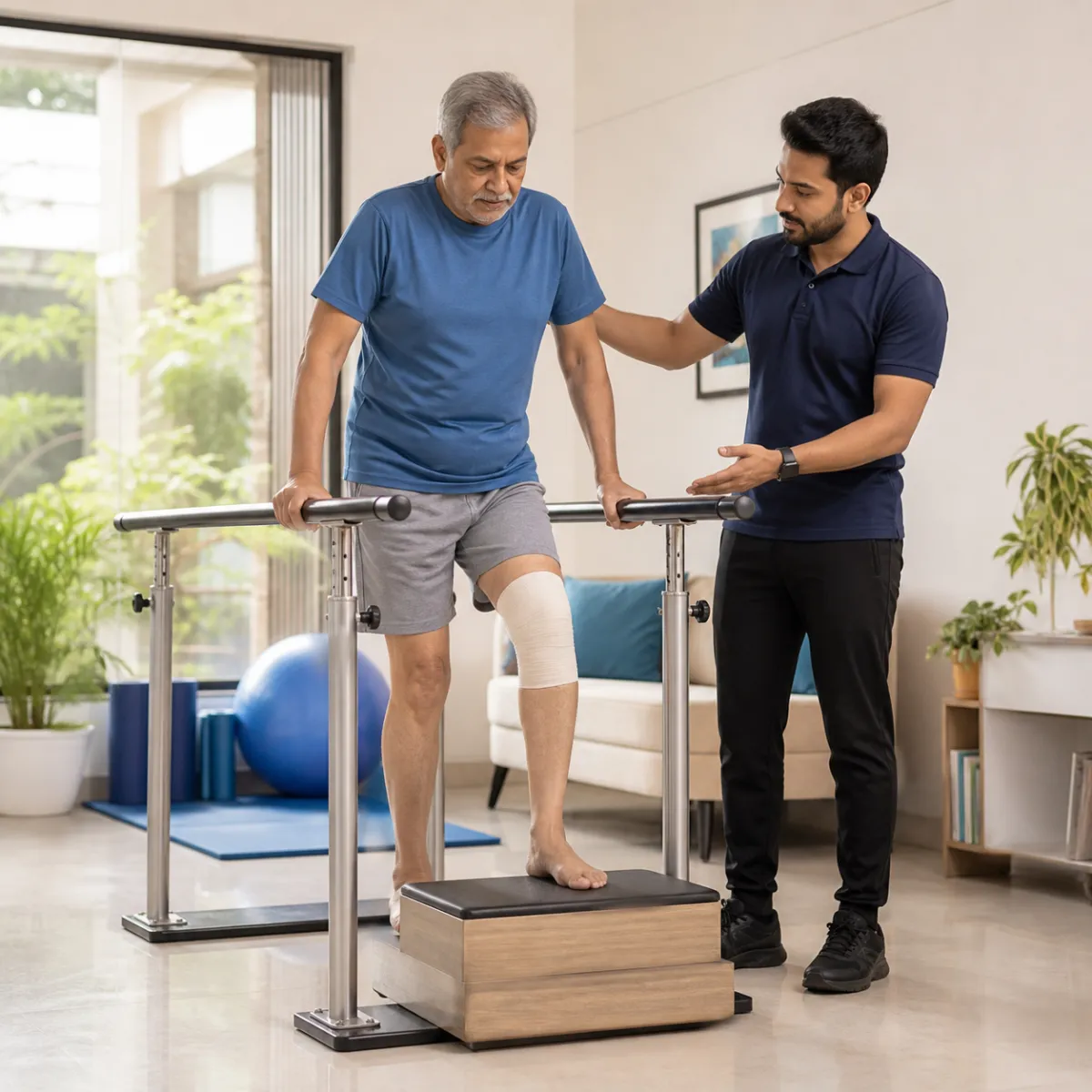Patient participating in a goal-focused Total Knee Replacement Rehabilitation session with a physiotherapist in Bonhooghly
