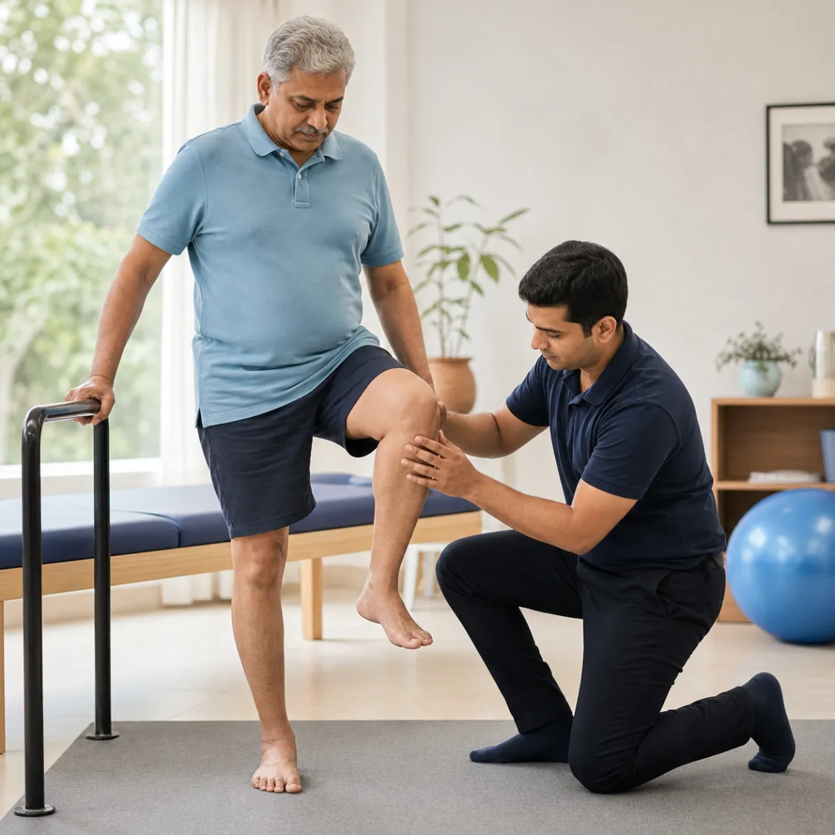 Physiotherapist assessing symptoms and functional limitations relevant to Total Knee Replacement Rehabilitation in Bonhooghly