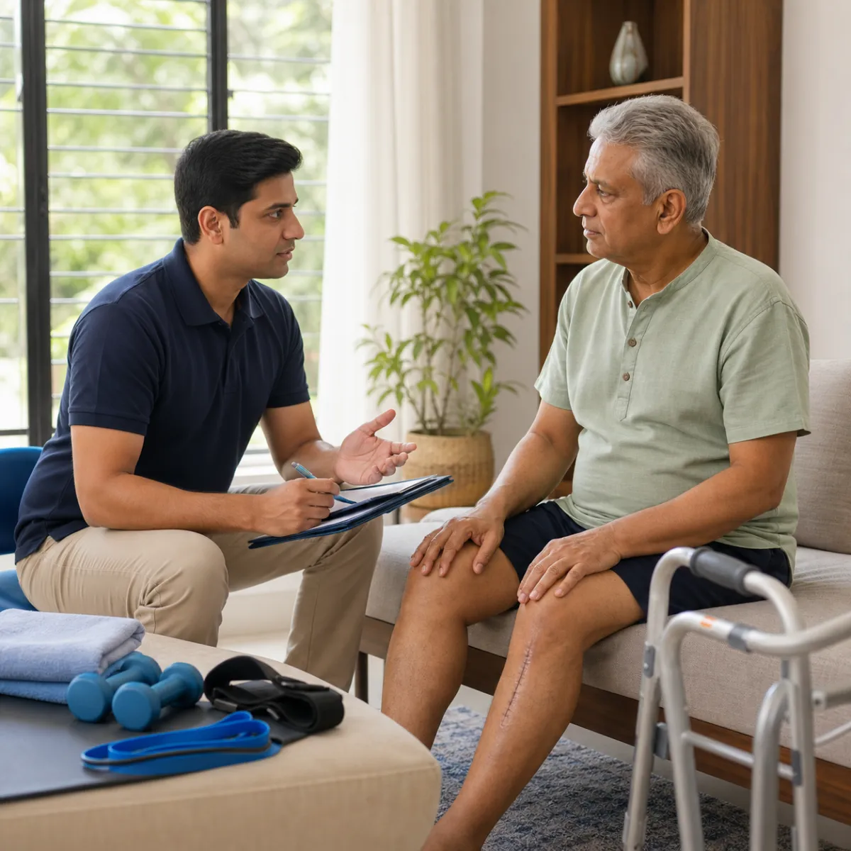 Physiotherapist completing an individualized Total Knee Replacement Rehabilitation assessment in Bonhooghly