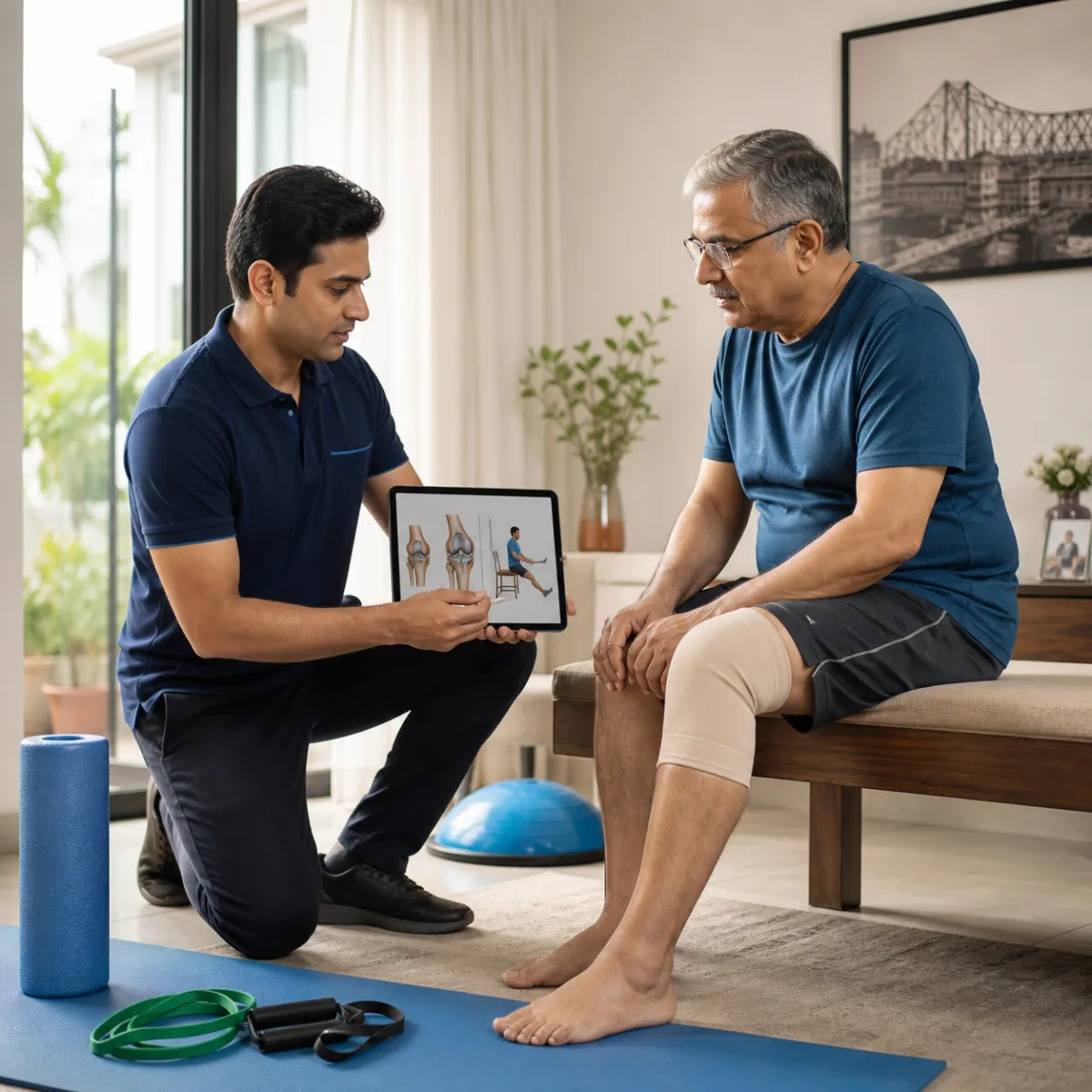 CareMotion physiotherapist delivering a personalized Total Knee Replacement Rehabilitation service in Bonhooghly