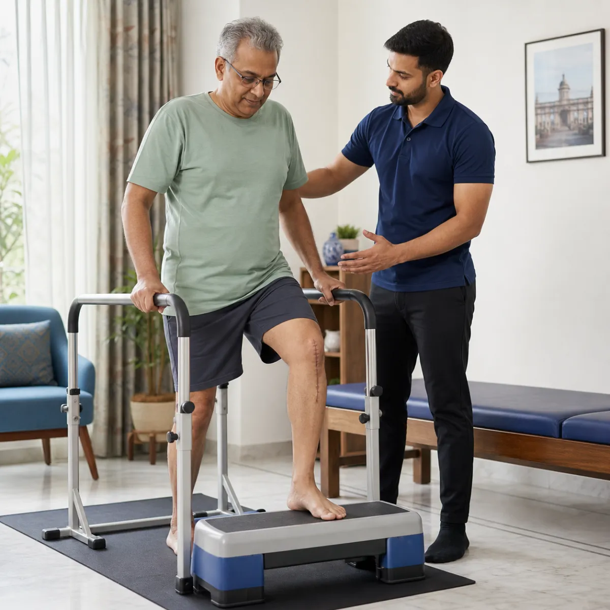 Physiotherapist guiding a structured Total Knee Replacement Rehabilitation treatment session in Bonhooghly