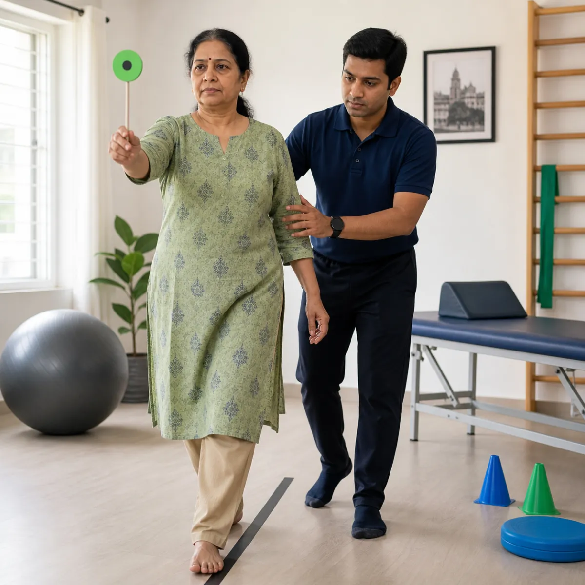 Physiotherapist guiding a structured Vestibular Rehabilitation treatment session in Bidhan Nagar