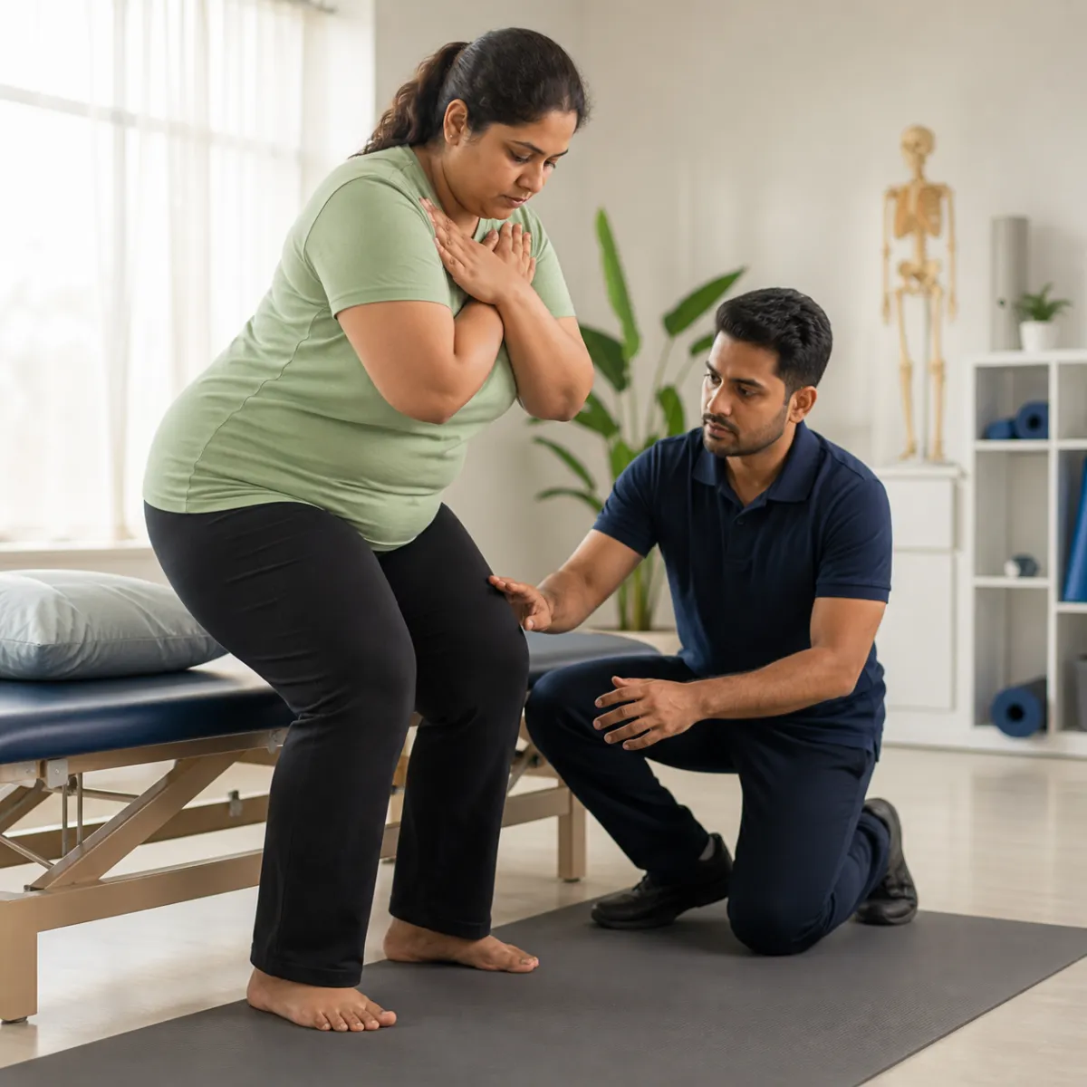 Physiotherapist assessing symptoms and functional limitations relevant to Weight Management Physiotherapy in Hetalkhali