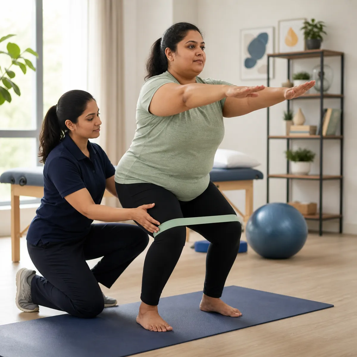 Physiotherapist guiding a structured Weight Management Physiotherapy treatment session in Hetalkhali