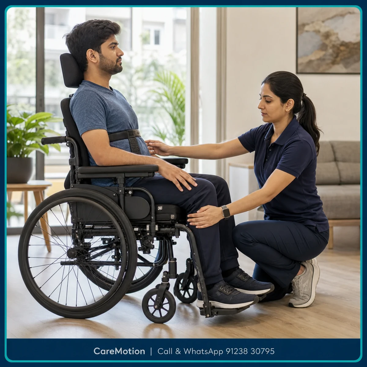 Physiotherapist assessing symptoms and functional limitations relevant to Wheelchair Assessment and Training in Sethbagan