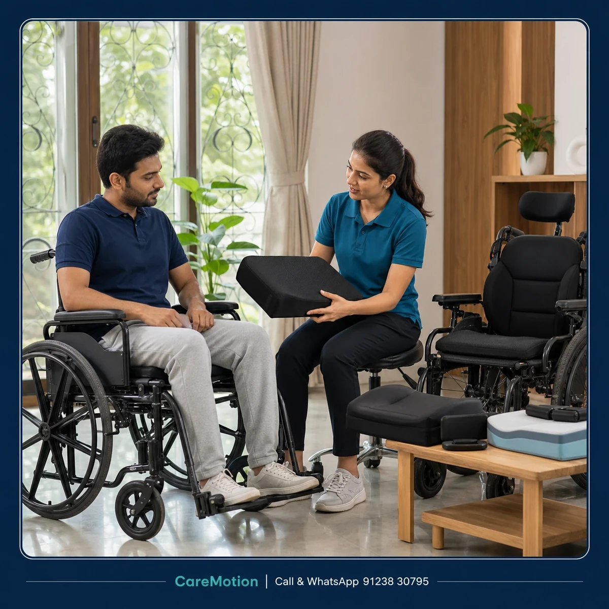 CareMotion physiotherapist delivering a personalized Wheelchair Assessment and Training service in Sethbagan