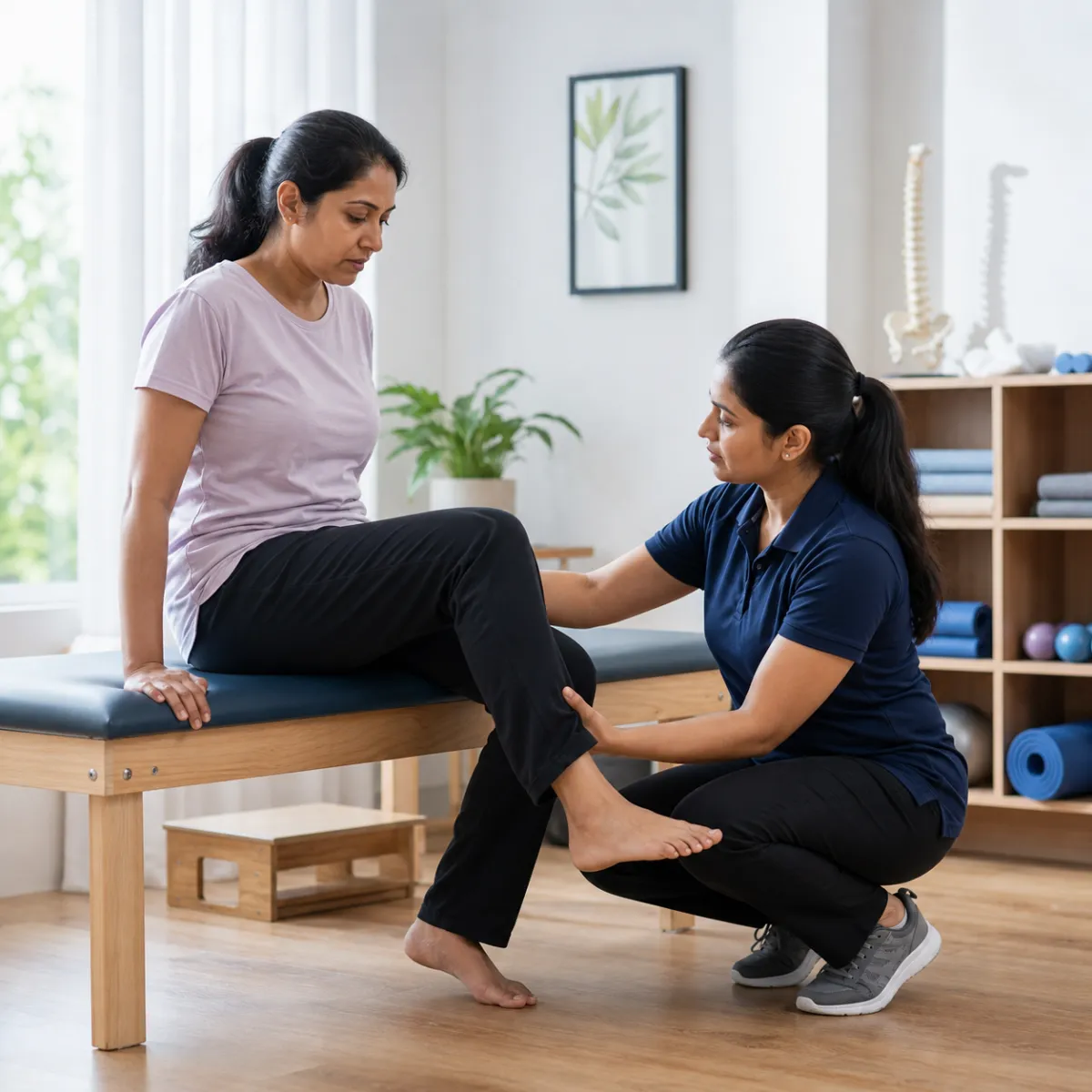 Physiotherapist assessing symptoms and functional limitations relevant to Women's Health Physiotherapy in Bidhan Nagar Sai Complex