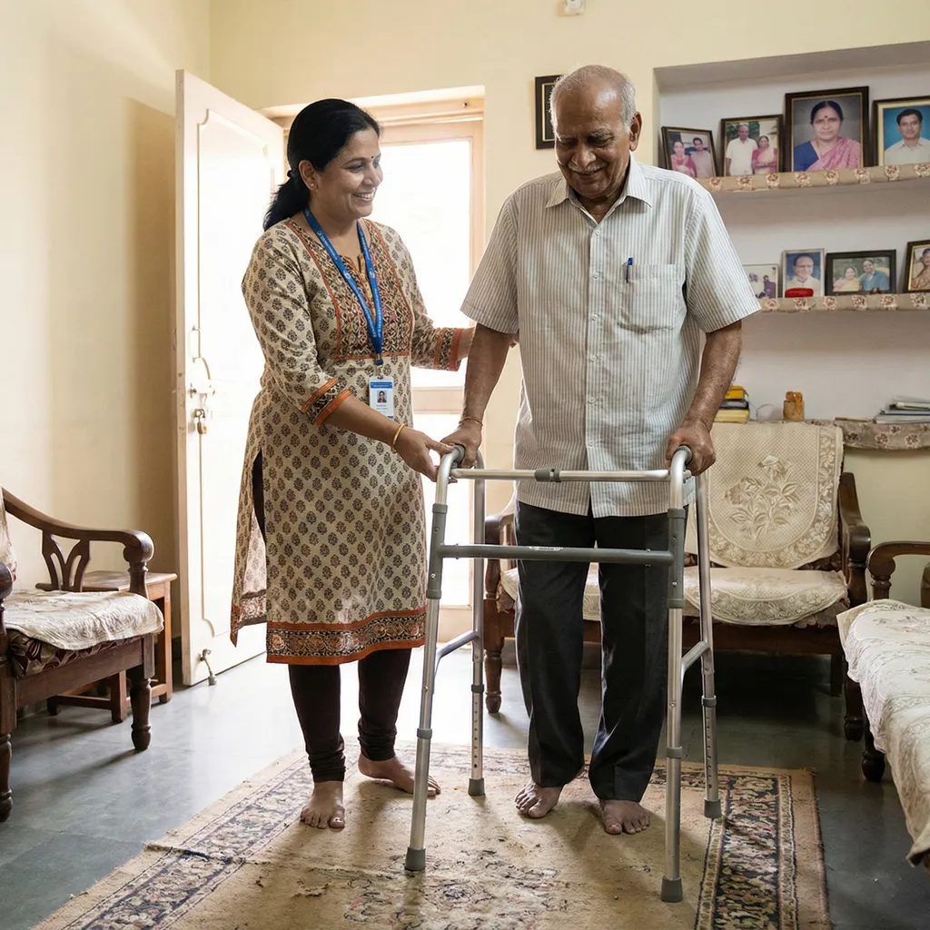 Caring physiotherapist conducting a health assessment for a patient in Ruby, Kolkata