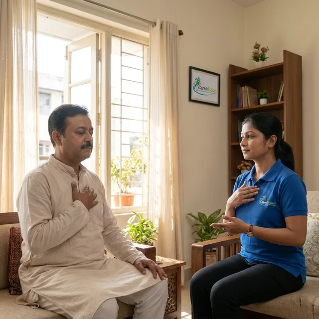 Senior citizen practicing balance exercises with a physiotherapist at home in Ruby