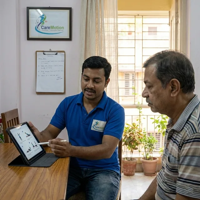 Senior citizen practicing balance exercises with a physiotherapist at home in Ruby