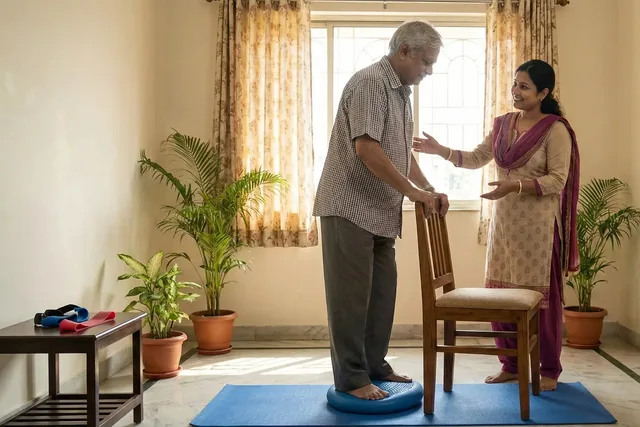 Senior citizen practicing balance exercises with a physiotherapist at home in Ruby