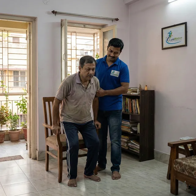 Senior citizen practicing balance exercises with a physiotherapist at home in Ruby