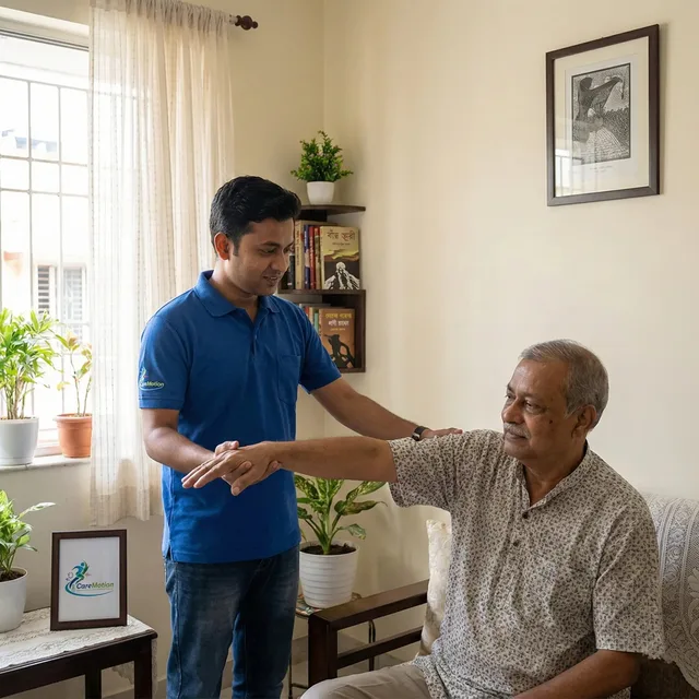 Senior citizen practicing balance exercises with a physiotherapist at home in Ruby
