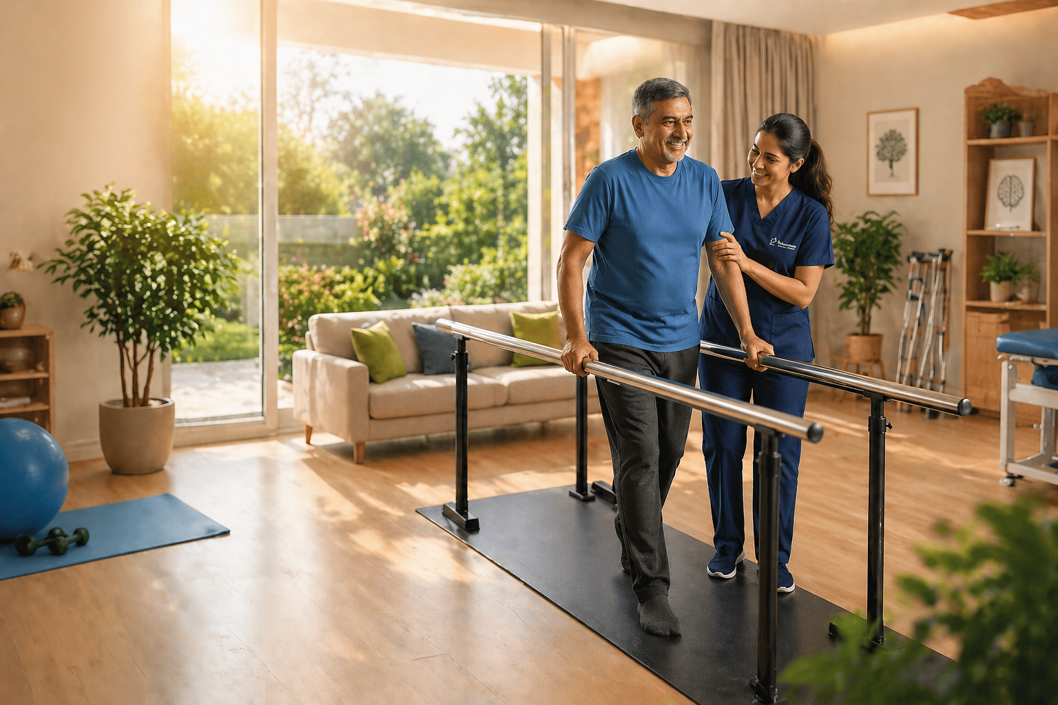 CareMotion Physiotherapist assisting a senior patient with parallel bar walking exercises at home in Sealdah