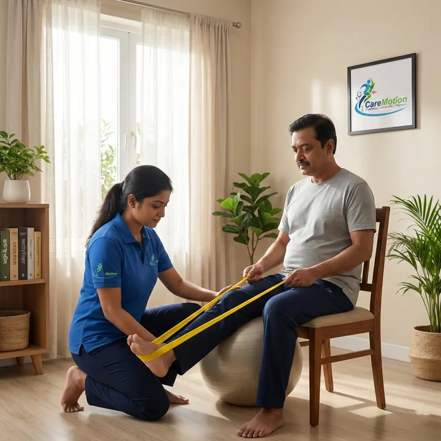 Senior citizen practicing balance exercises with a physiotherapist at home in Ruby